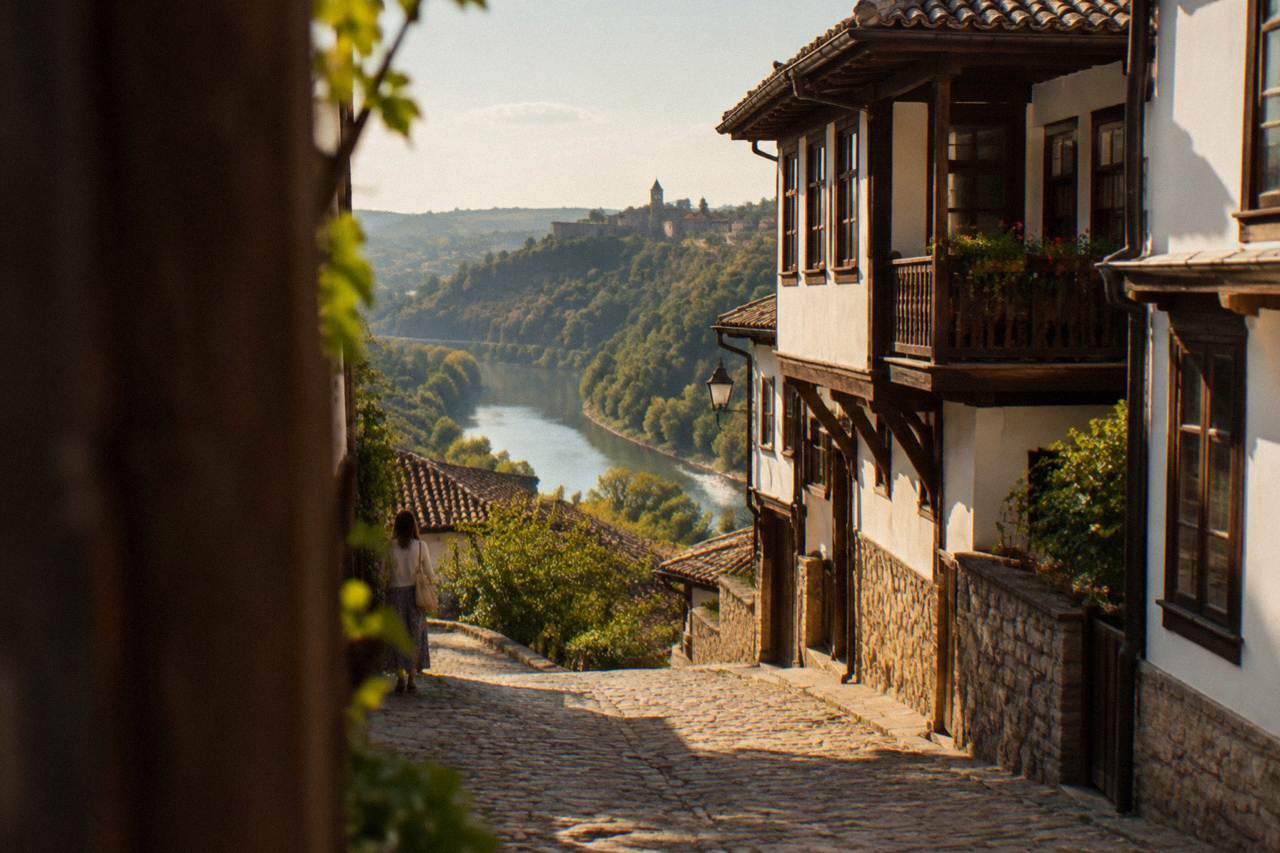 Cobbled street with traditional Bulgarian houses above the Yantra river in Veliko Tarnovo