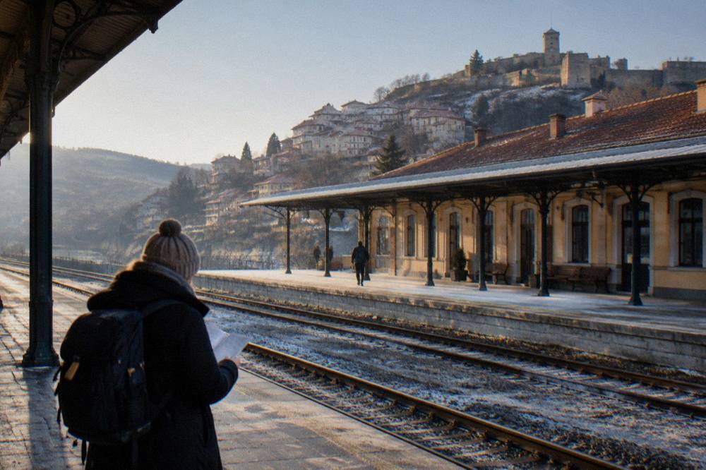 Traveller reading a train timetable board at a Bulgarian railway station