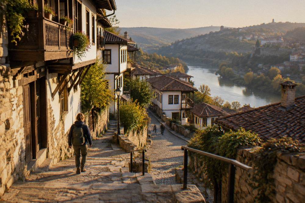 Sturdy walking shoes and a daypack on stone steps in an old town