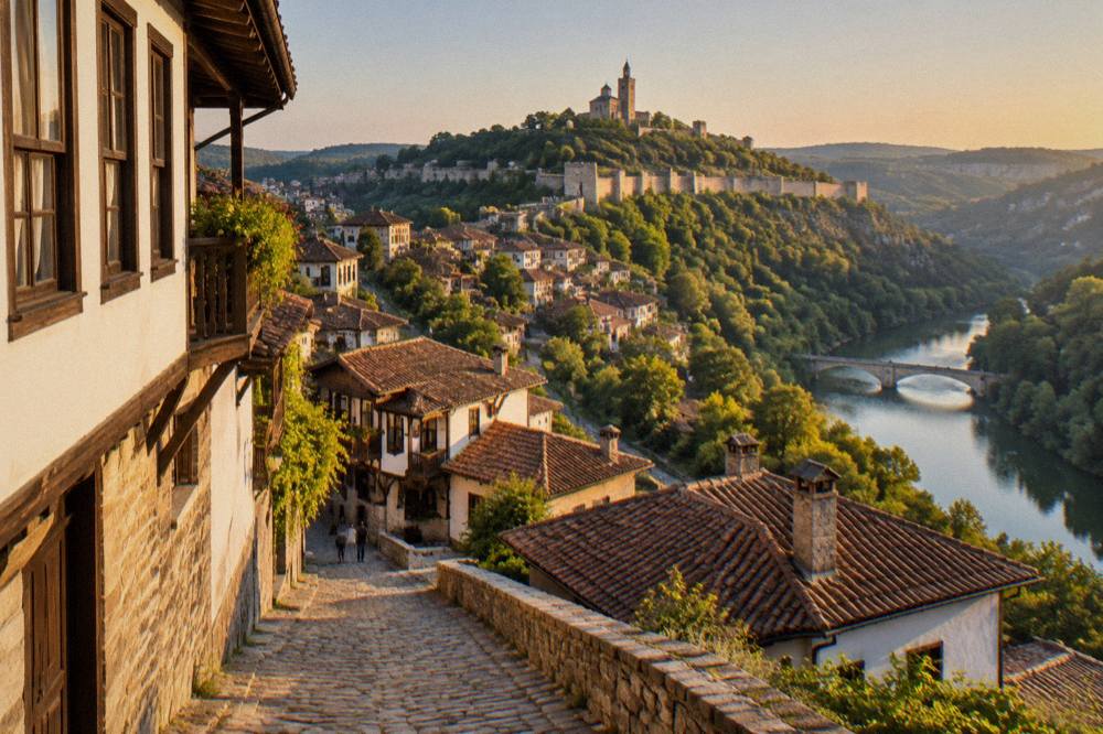 Illuminated fortress hill at dusk above the city rooftops
