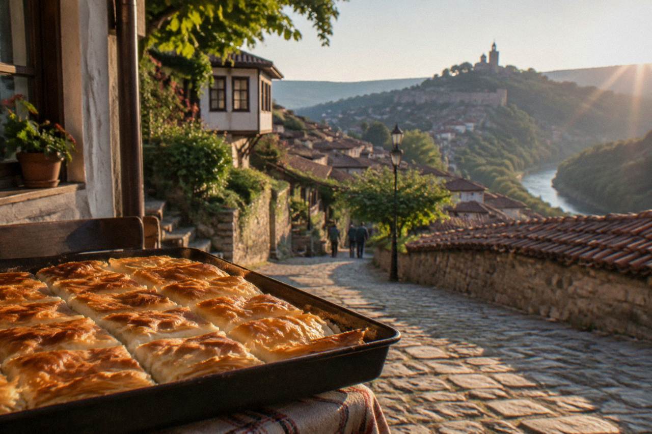 Freshly baked banitsa with golden filo pastry cut into squares on a tray