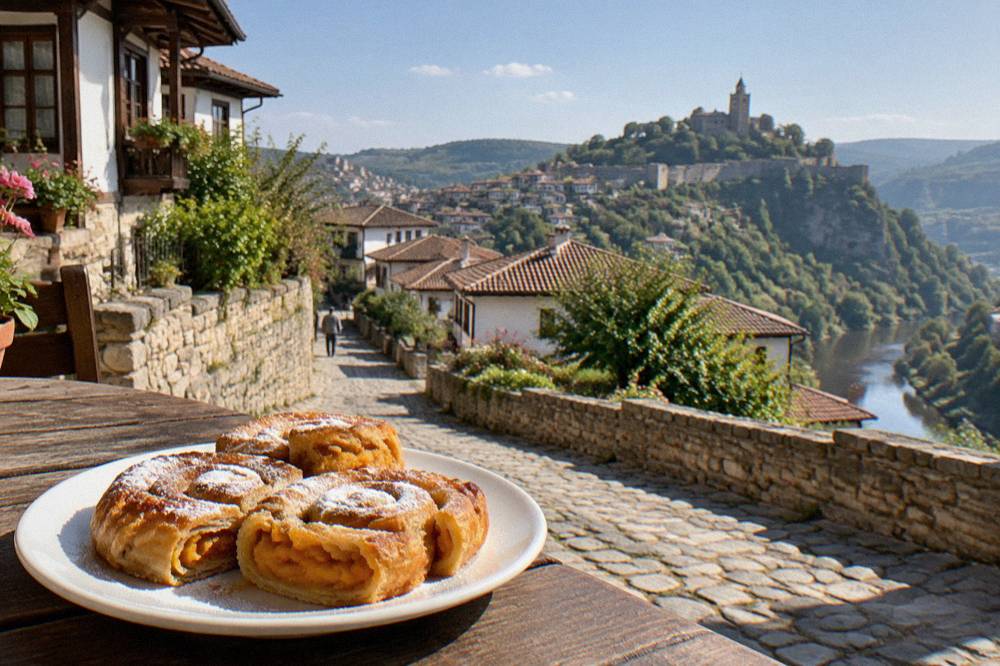 Spiral slices of pumpkin tikvenik banitsa dusted with sugar on a plate