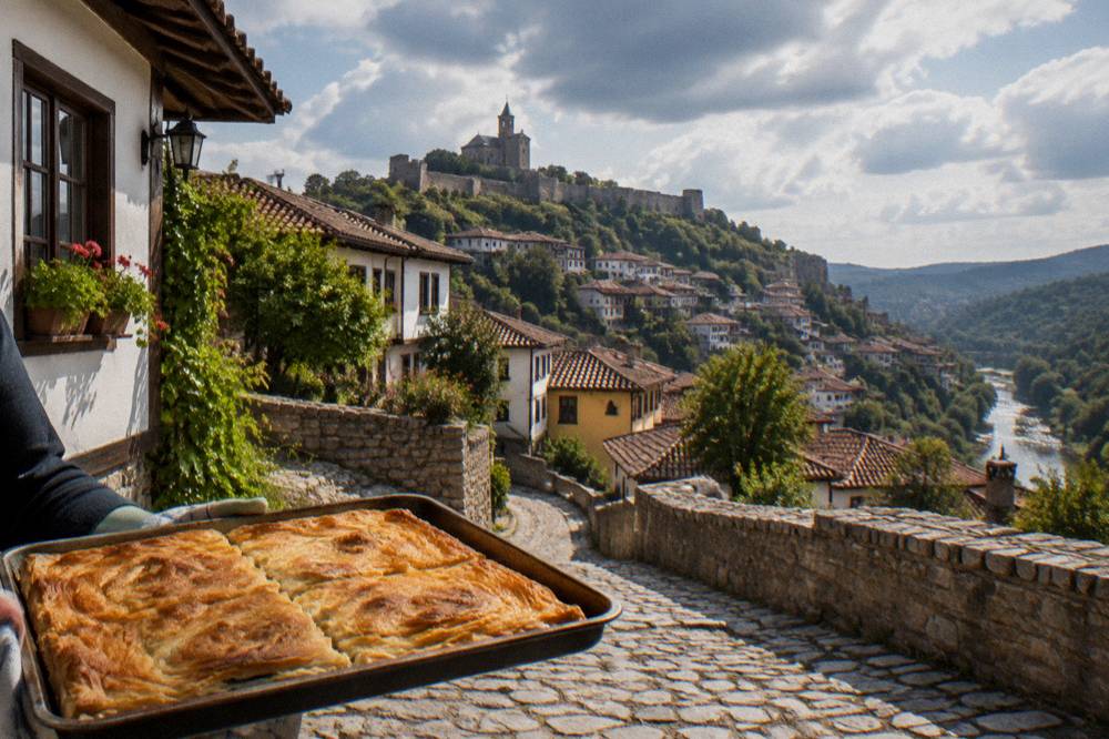 A tray of homemade banitsa fresh from the oven with golden pastry layers