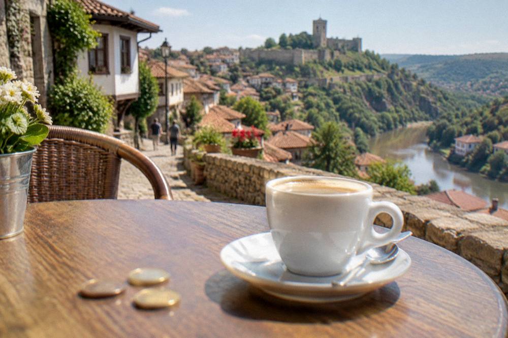 Euro coins on a cafe table beside a coffee cup