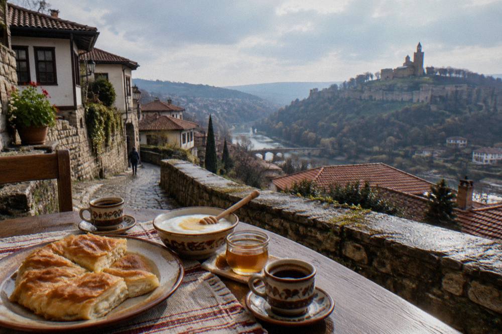 A Bulgarian breakfast spread with banitsa, yogurt, honey and small coffee cups