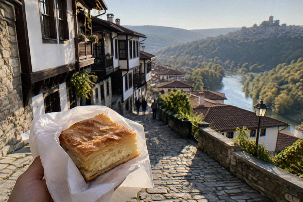 A square of warm cheese banitsa held in paper on a Veliko Tarnovo street
