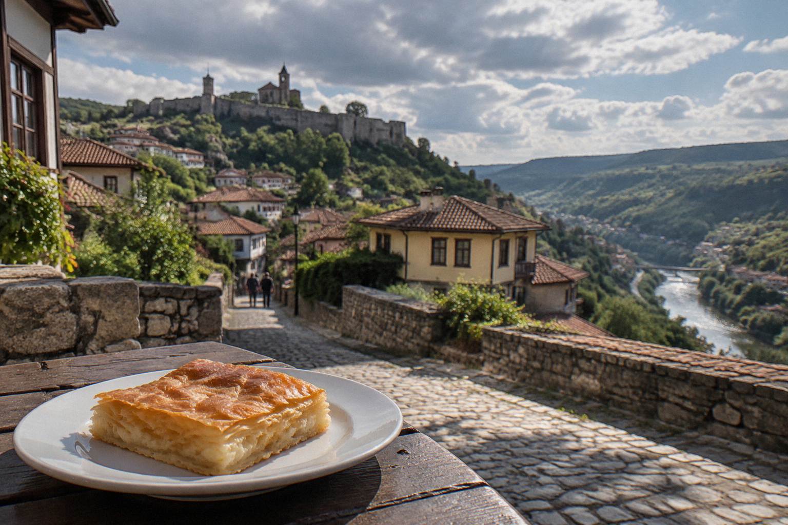 Golden square of cheese filo pastry on a plain plate