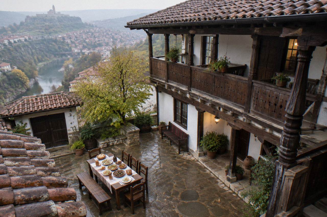 A table set with bowls of salad, grilled meat and bread in a Bulgarian dining room