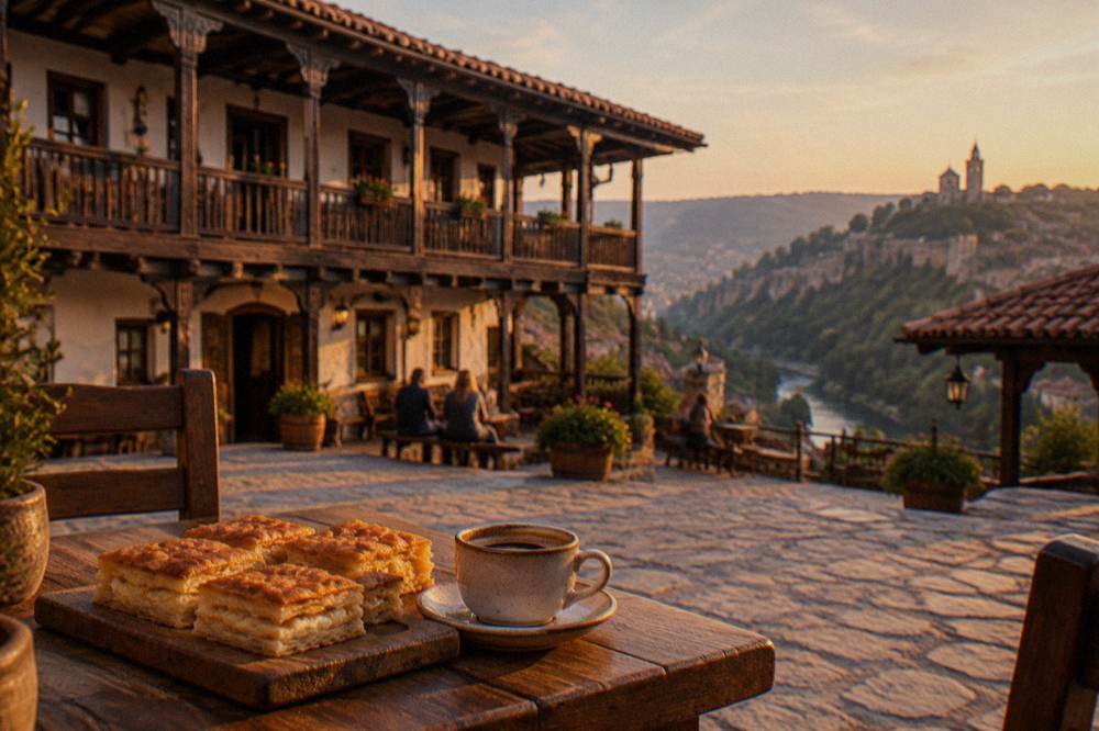 Squares of warm banitsa pastry on a wooden board beside a cup of coffee