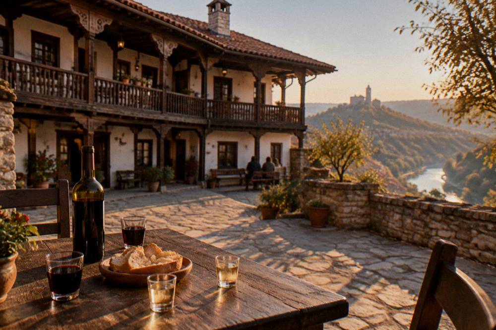 Small glasses of rakia and a bottle of red wine on a wooden table with bread