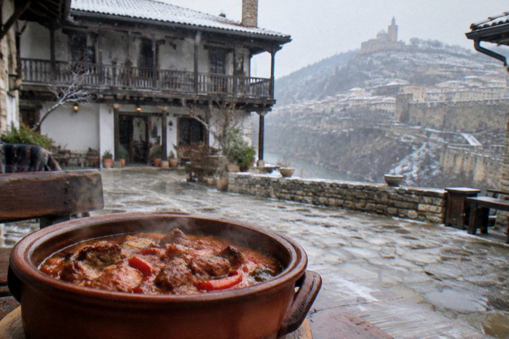 A clay pot of kavarma stew bubbling with peppers and pork on a rustic table