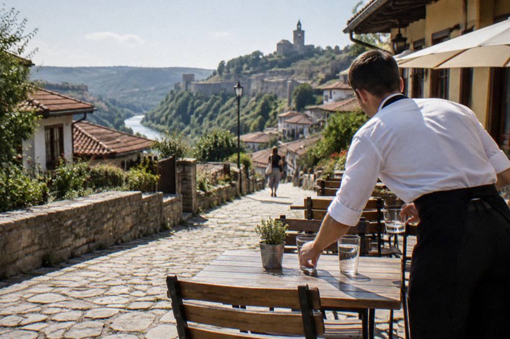 A waiter setting down two glasses of water at a restaurant table