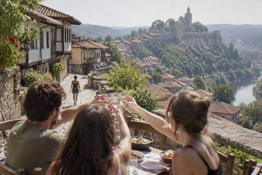 Friends raising small glasses in a toast around a restaurant table