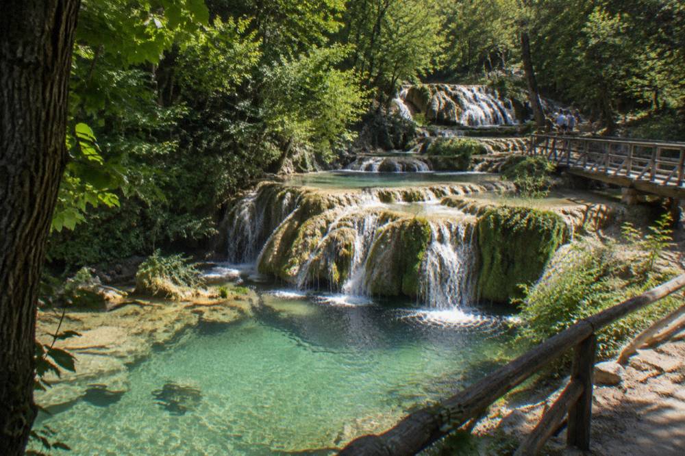 Water cascading over pale travertine ledges surrounded by green trees