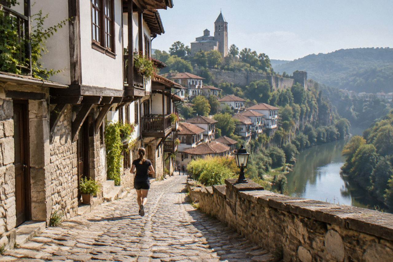 Stone church walls and a bell tower above the rooftops of Veliko Tarnovo