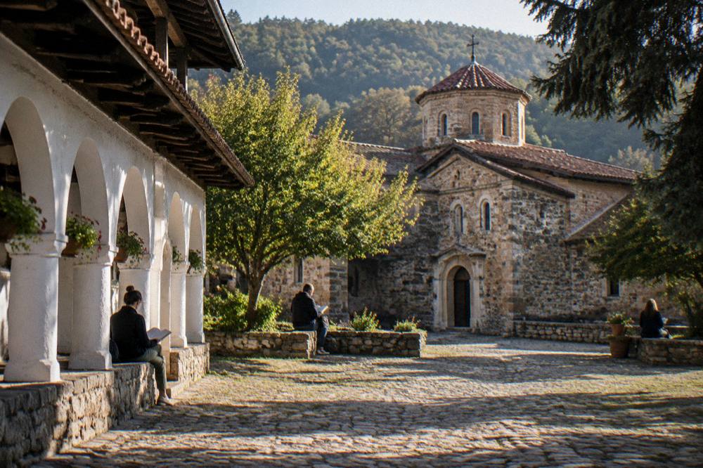 Travellers reading a map beside a fortified church gate in daylight
