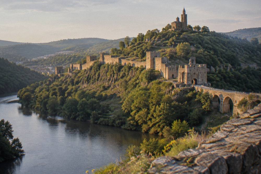 Evening light on the ramparts of Tsarevets Fortress above the Yantra river