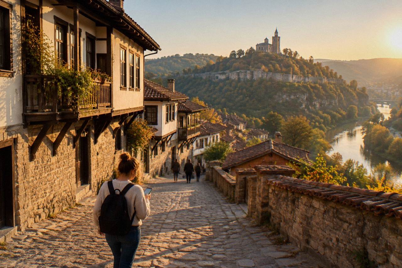 A visitor checking a smartphone on a cobbled street with a fortress hill rising in the background