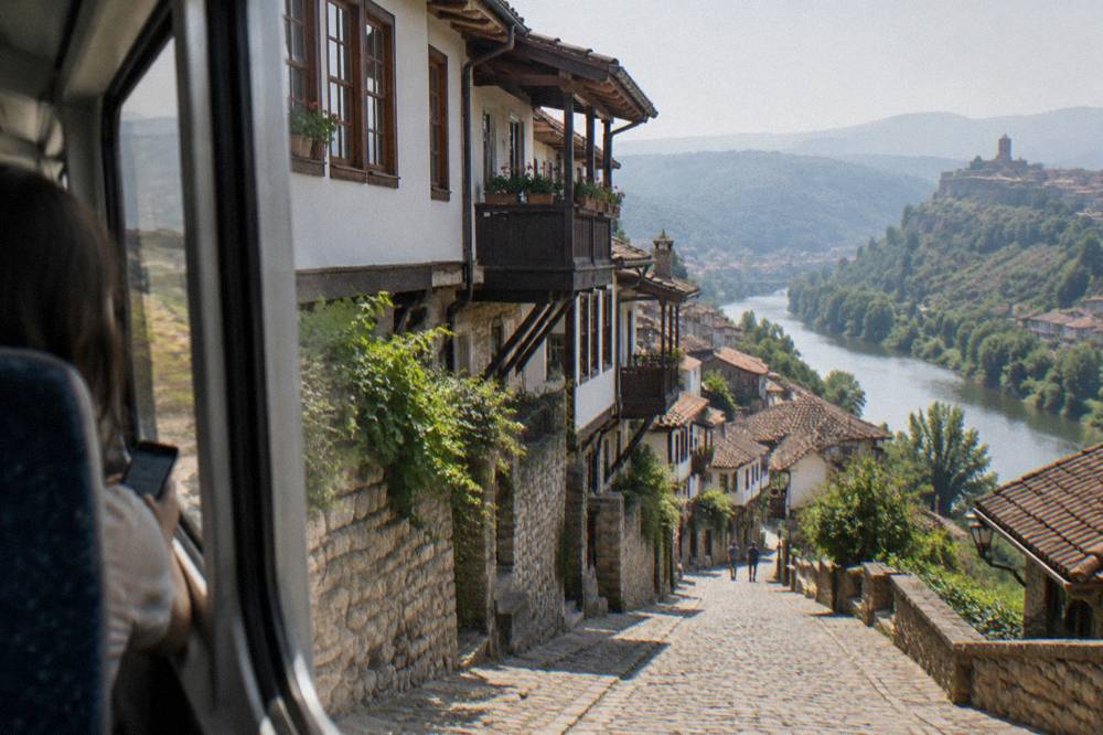 A traveller sitting on a train using a phone with a valley landscape passing outside the window