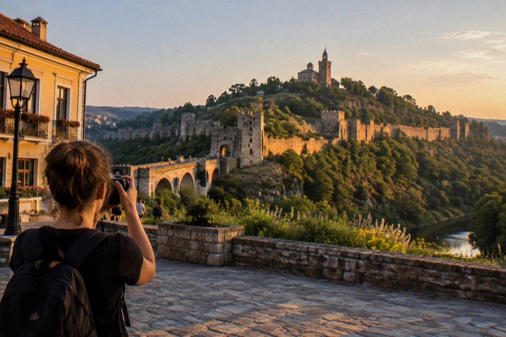 A traveller photographing illuminated fortress walls at dusk from a city square