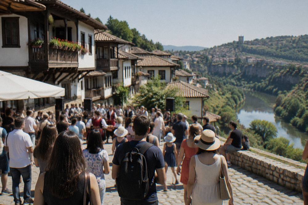 Crowds gathered in a square in central Veliko Tarnovo during a daytime festival
