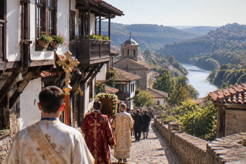 A procession with church banners moving along a street in Veliko Tarnovo
