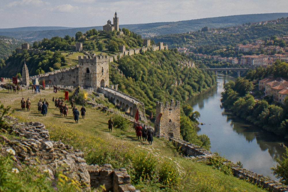 A historical reenactment with flags on the Tsarevets fortress hill