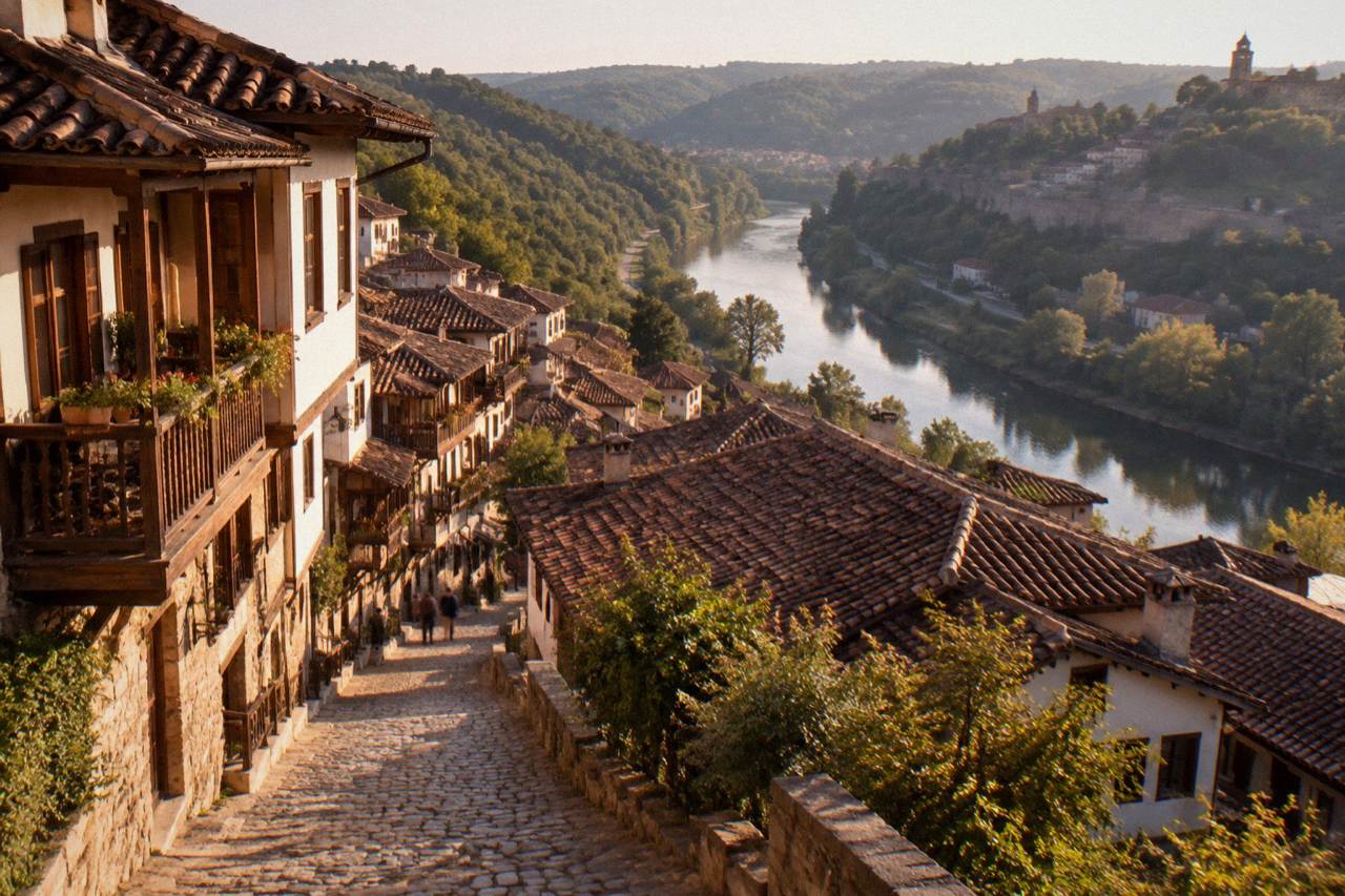 A view over the rooftops of Veliko Tarnovo with the Yantra river bending below the forested hills