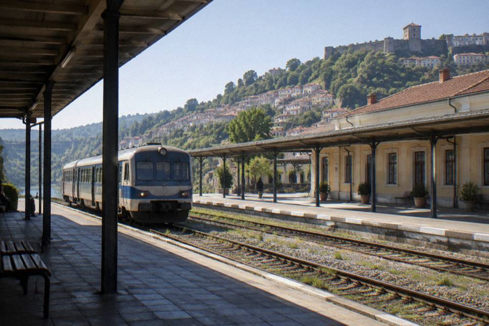 A regional passenger train at a small Bulgarian railway station in the hills