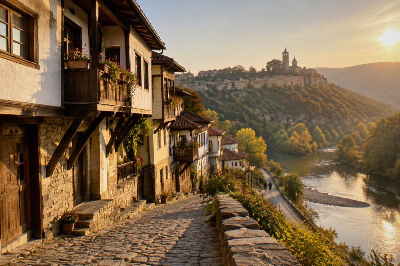 A stone path along the Yantra river below the fortified hillside of Veliko Tarnovo
