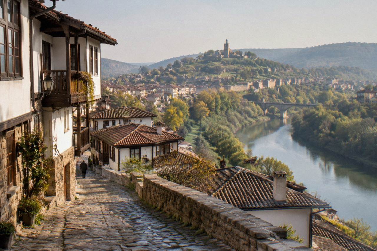 Aerial view of Veliko Tarnovo with the Yantra river curving around the hillside city