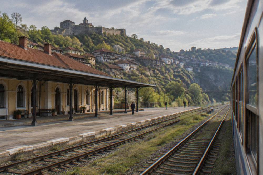 A passenger train travelling through green Bulgarian countryside