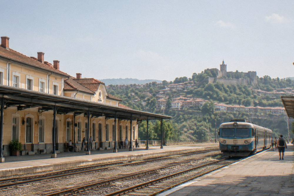 Regional train at a small Bulgarian railway station platform