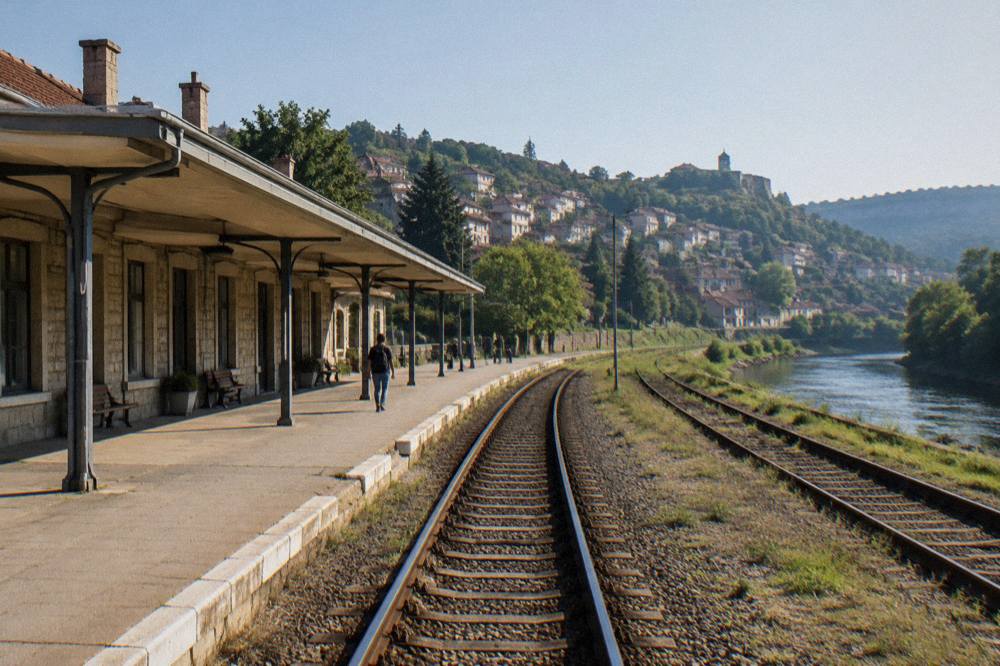 Train tracks curving along a river valley in northern Bulgaria