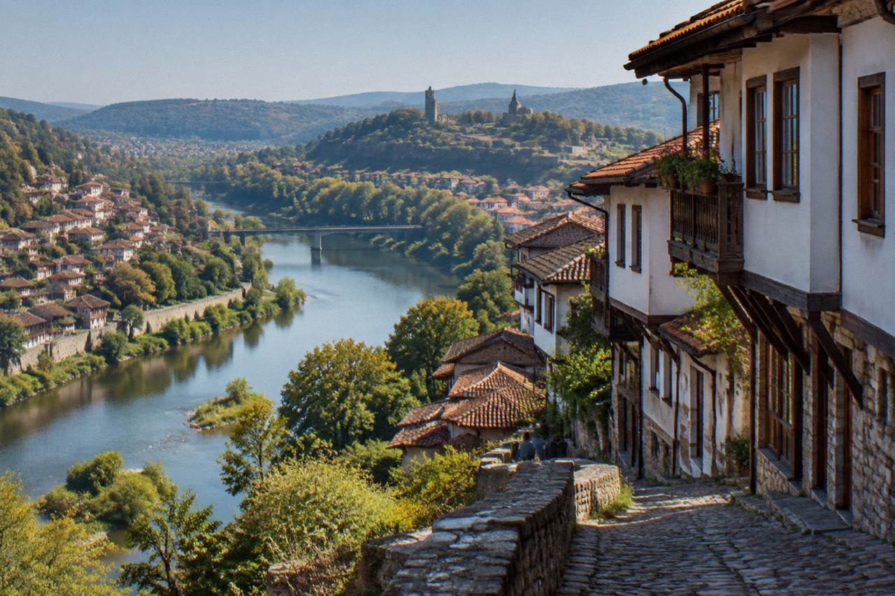 Aerial view of Veliko Tarnovo with the Yantra river curving around the hillside city