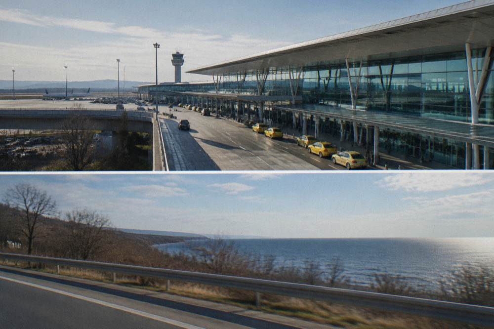 Coastal road with the Black Sea horizon on one side seen from a moving vehicle