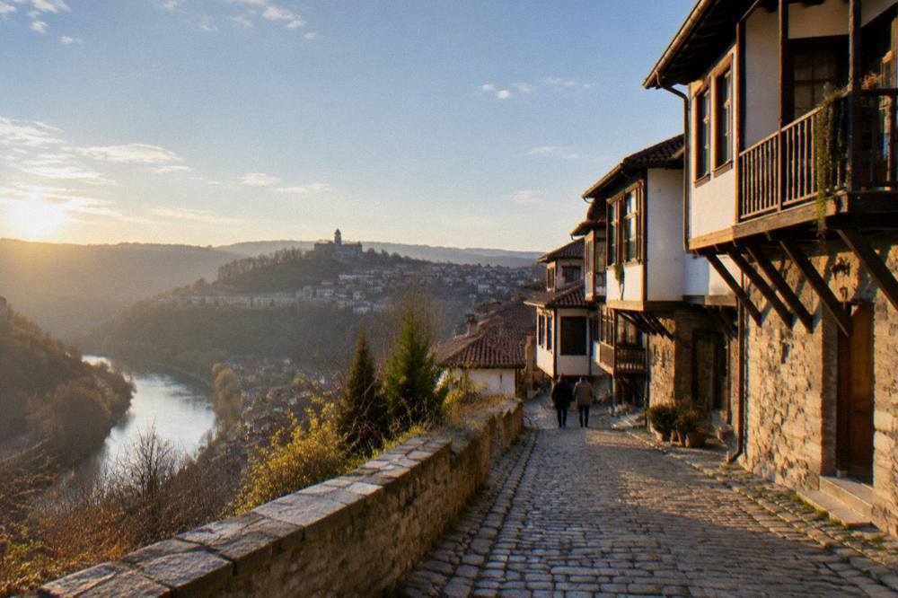 Cobblestone street in the old quarter of Veliko Tarnovo at golden hour