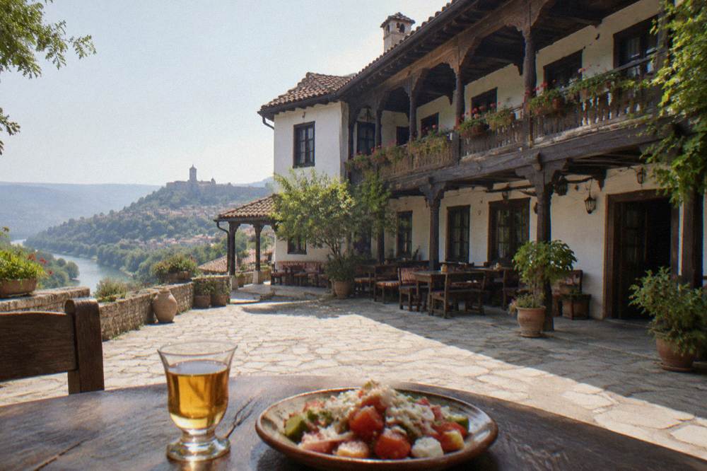 A glass of amber rakia beside a small plate of salad on a tavern table