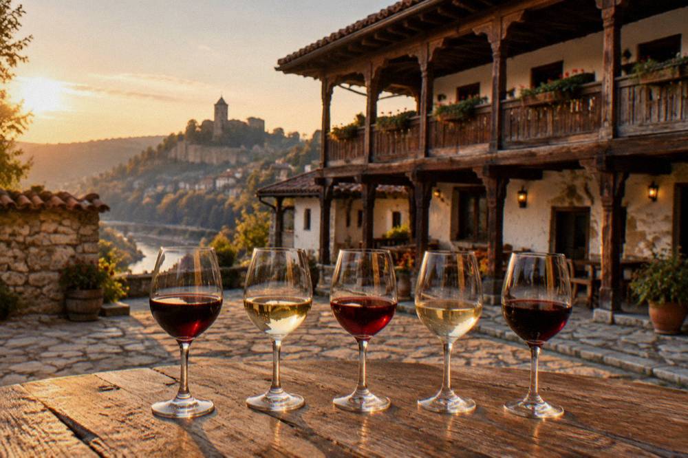 Five glasses of red and white Bulgarian wine arranged in a line for a tasting