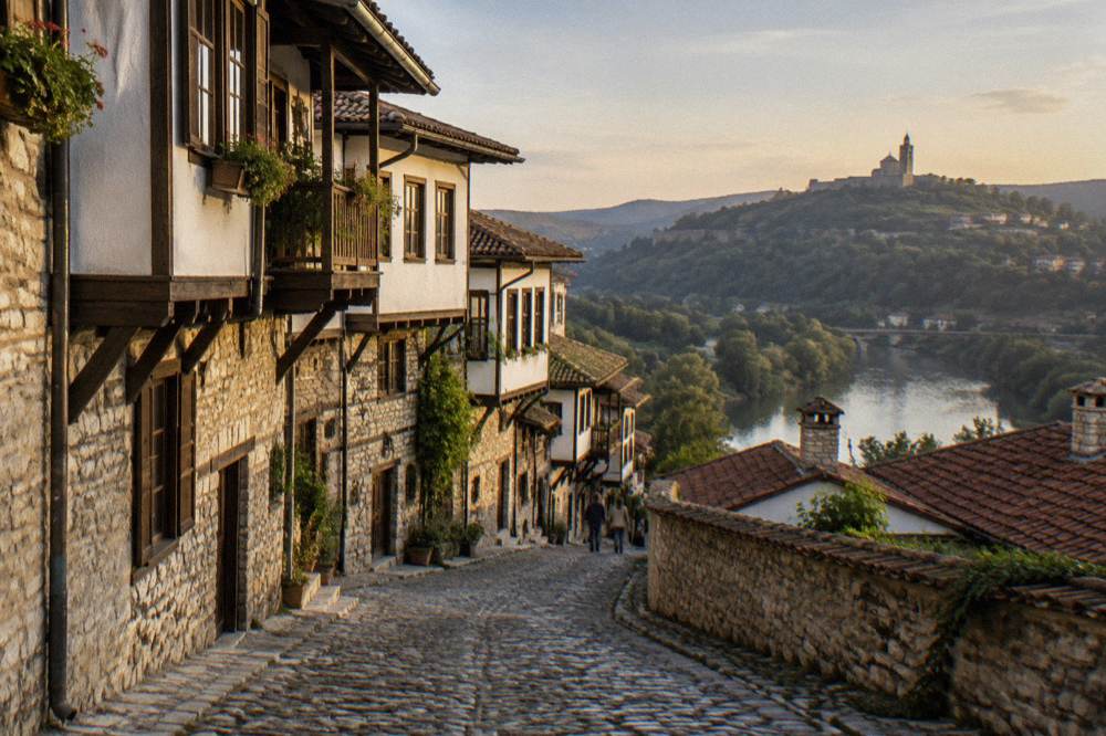 A cobbled old town street with stone houses in the evening light