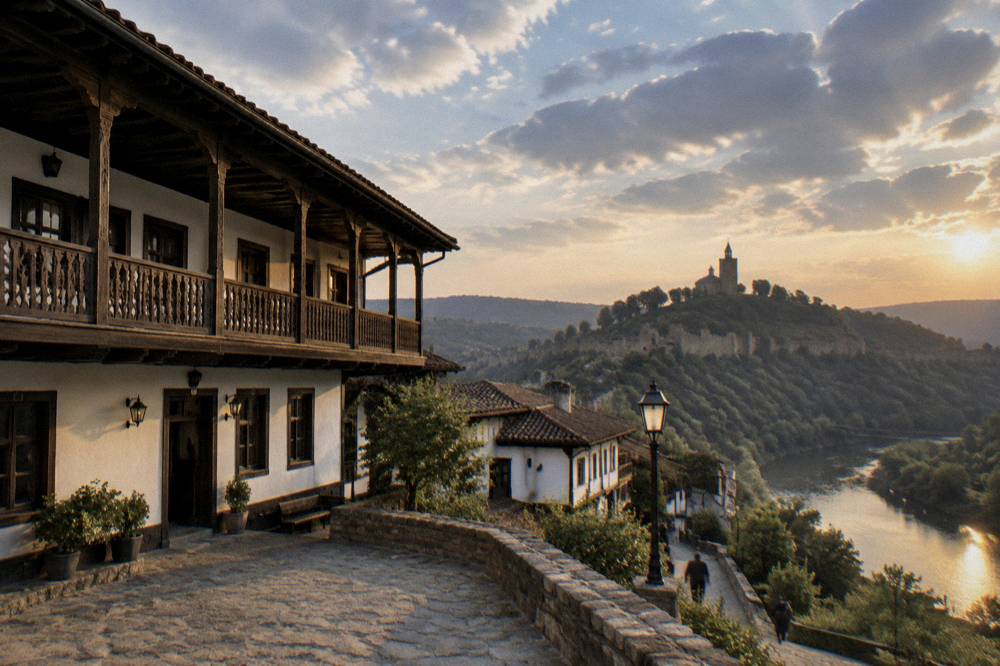 A fortress hill above a river bend seen from a city street at dusk