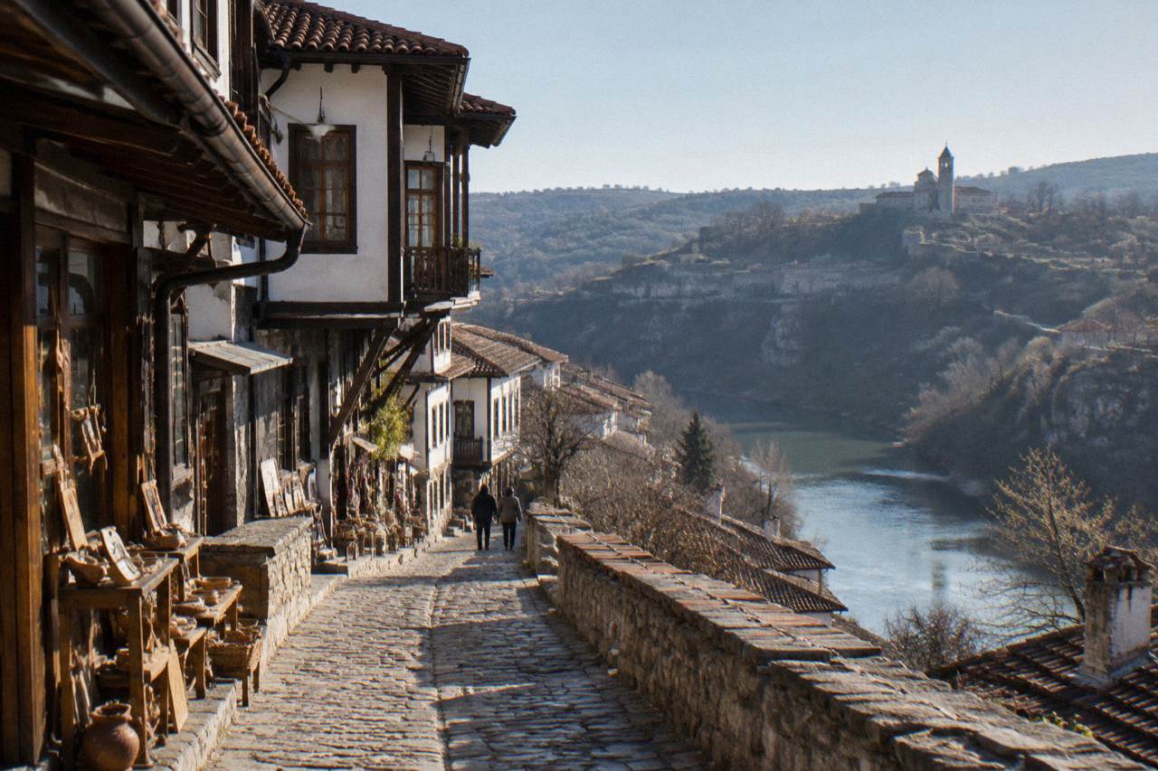 A cobbled craft street in Veliko Tarnovo with small workshops and traditional shopfronts