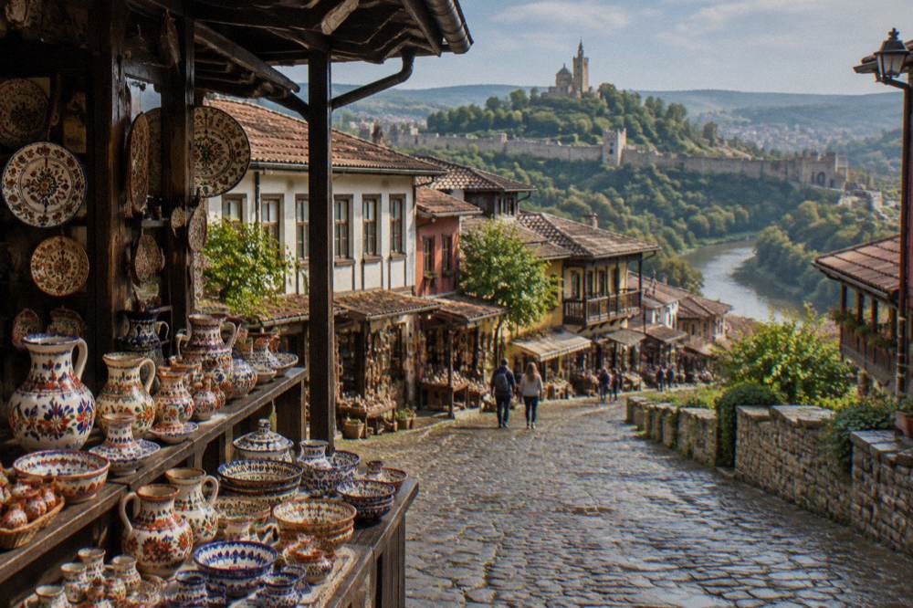 Hand-painted Bulgarian ceramics in traditional patterns displayed on a market stall