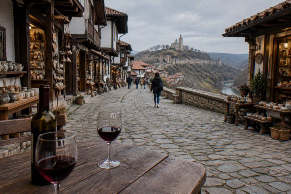 Glasses of red Bulgarian wine on a wooden tasting table next to an open bottle