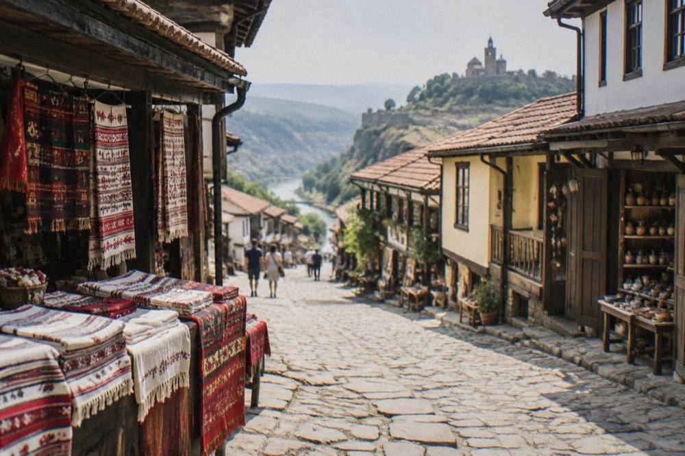 A market stall with woven textiles and folded tablecloths in traditional Bulgarian patterns