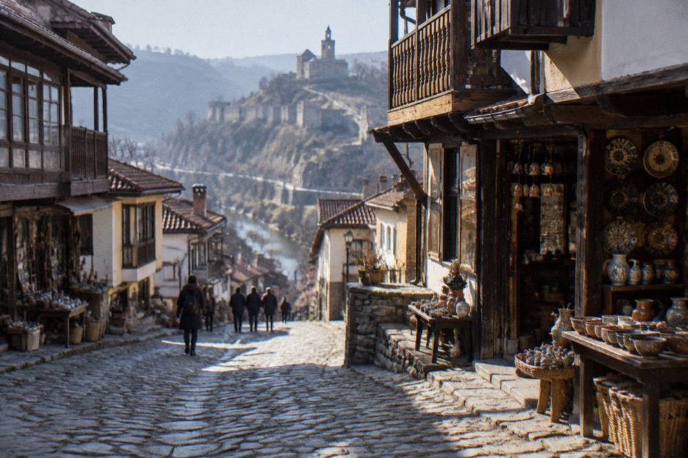 Cobbled Samovodska Charshiya street with revival-era houses in Veliko Tarnovo