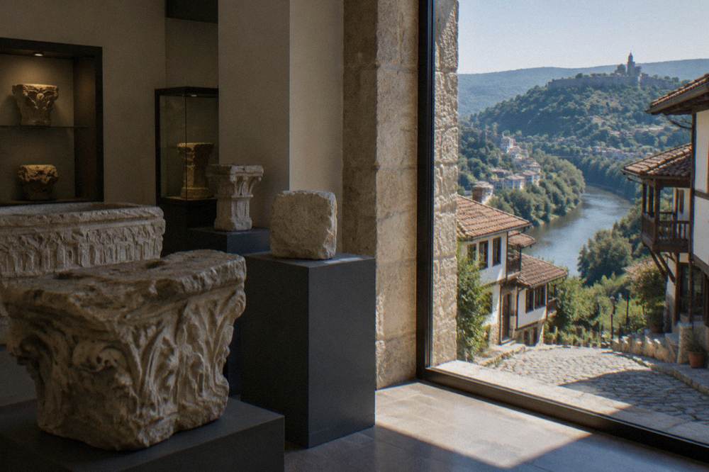 Museum gallery interior with stone artefacts in Veliko Tarnovo