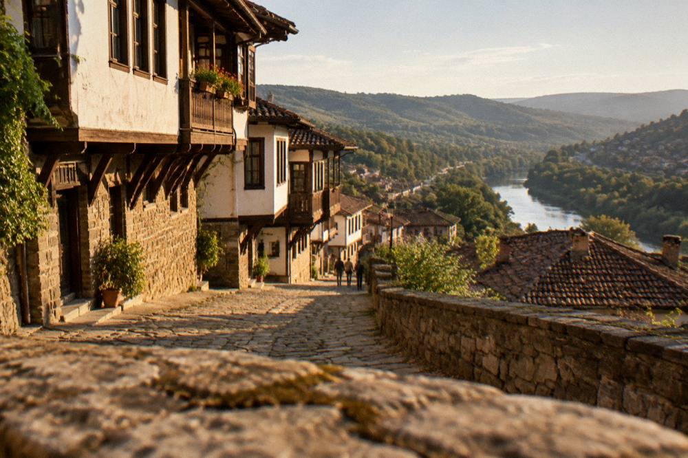 Rolling forested foothills and a village road in the Balkan range near Veliko Tarnovo