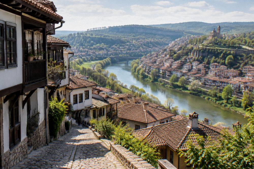 Panorama of Veliko Tarnovo with the Yantra river bending around the old town rooftops