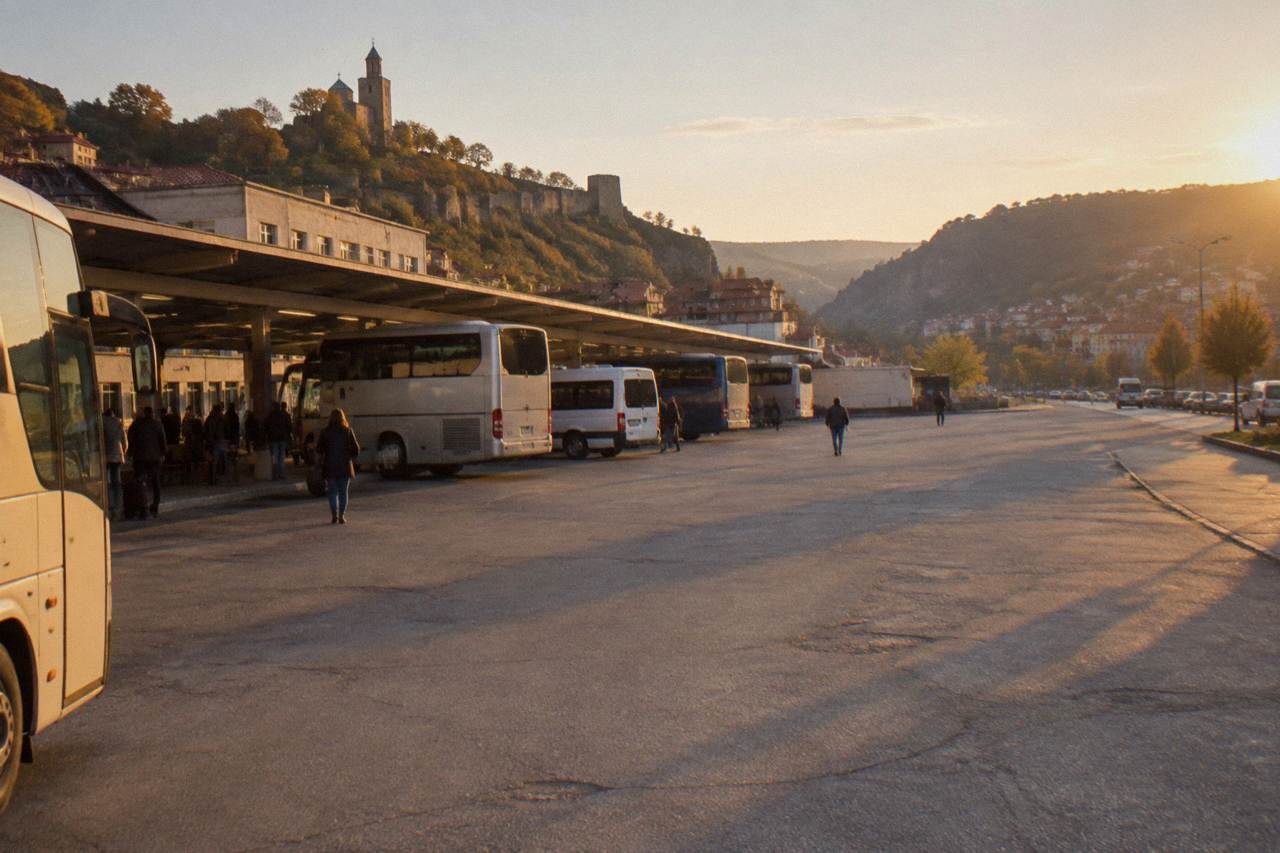 Buses parked at a city bus station in Veliko Tarnovo with hills in the background